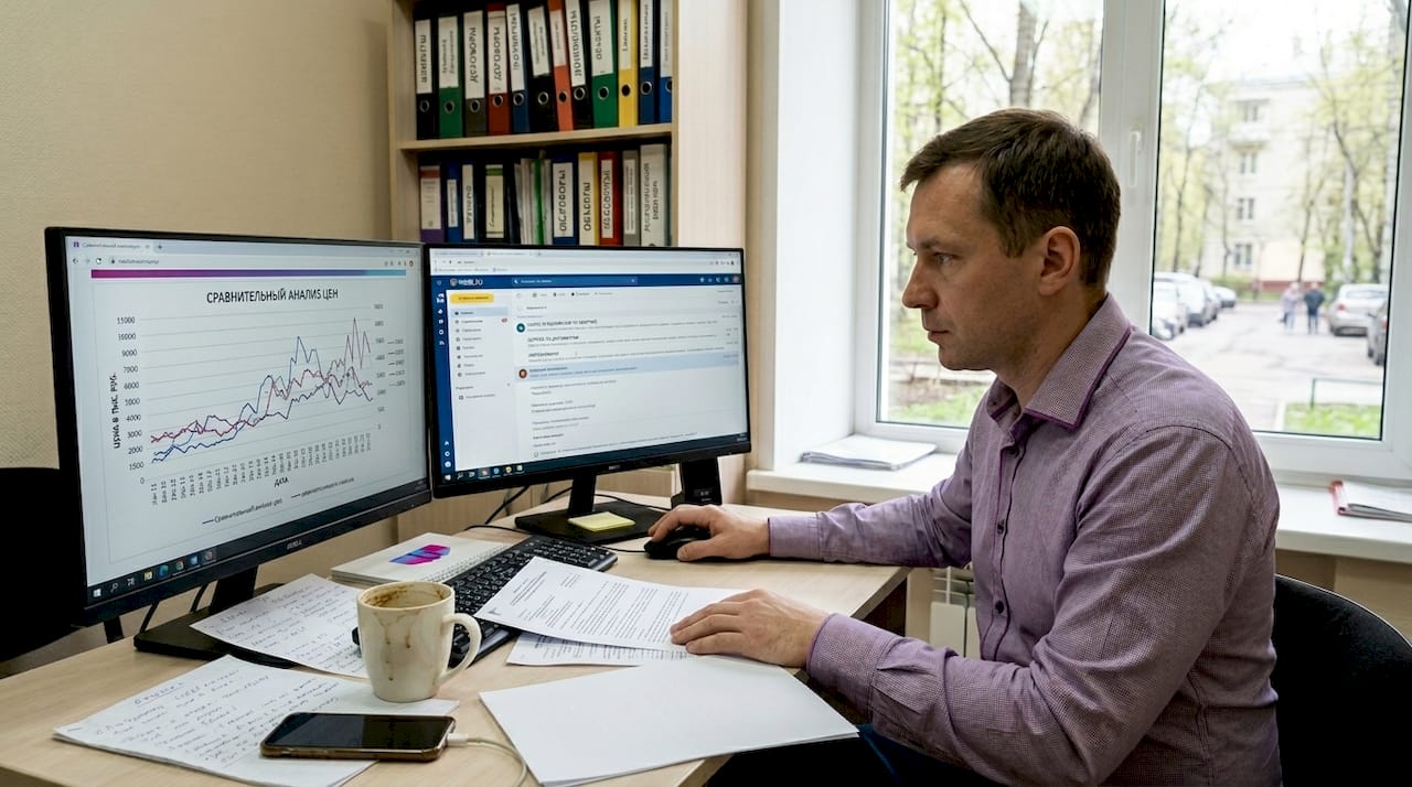 Риелтор за рабочим столом тщательно разбирает детали проведённых сделок.