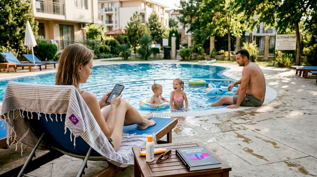 Семья отдыхает у бассейна в уютном и безопасном жилом комплексе на побережье.