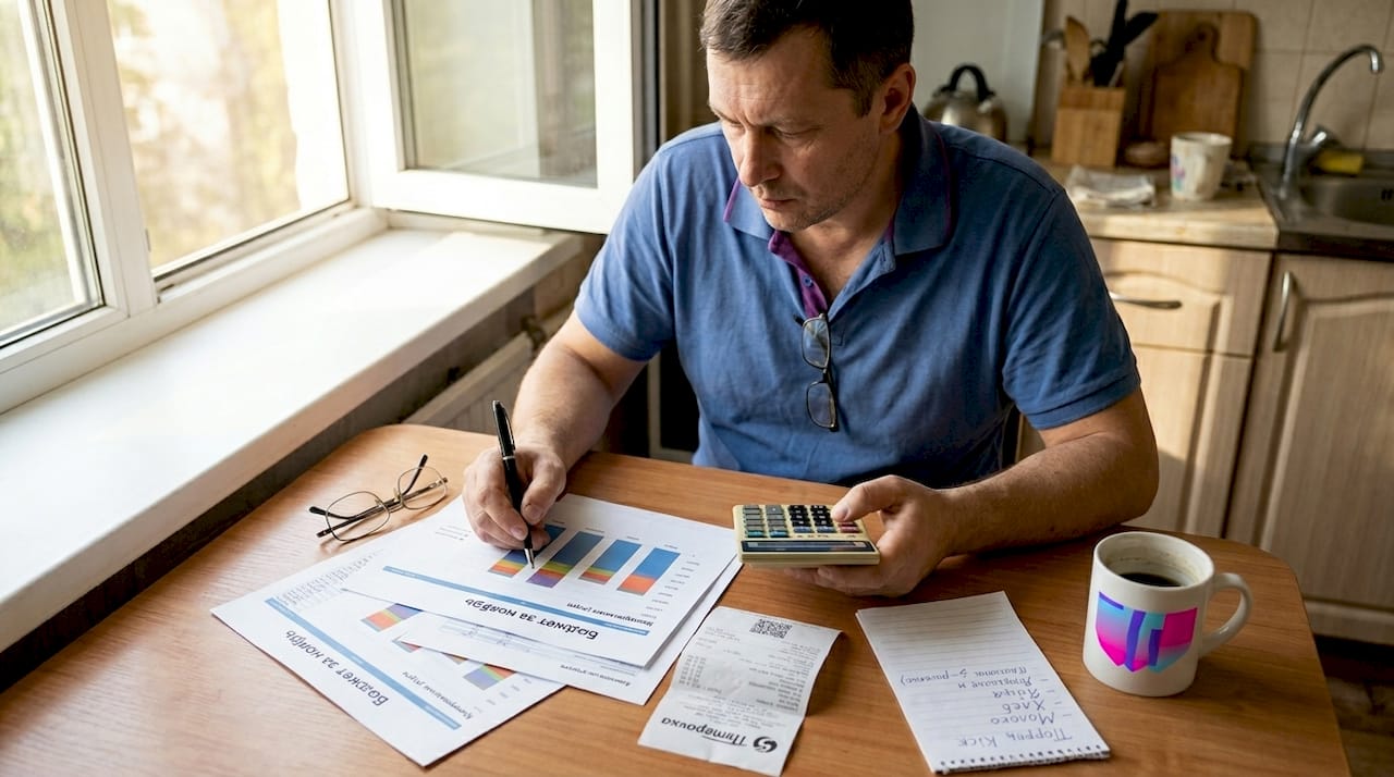 Мужчина сидит за столом и просчитывает, во сколько обойдётся покупка квартиры.