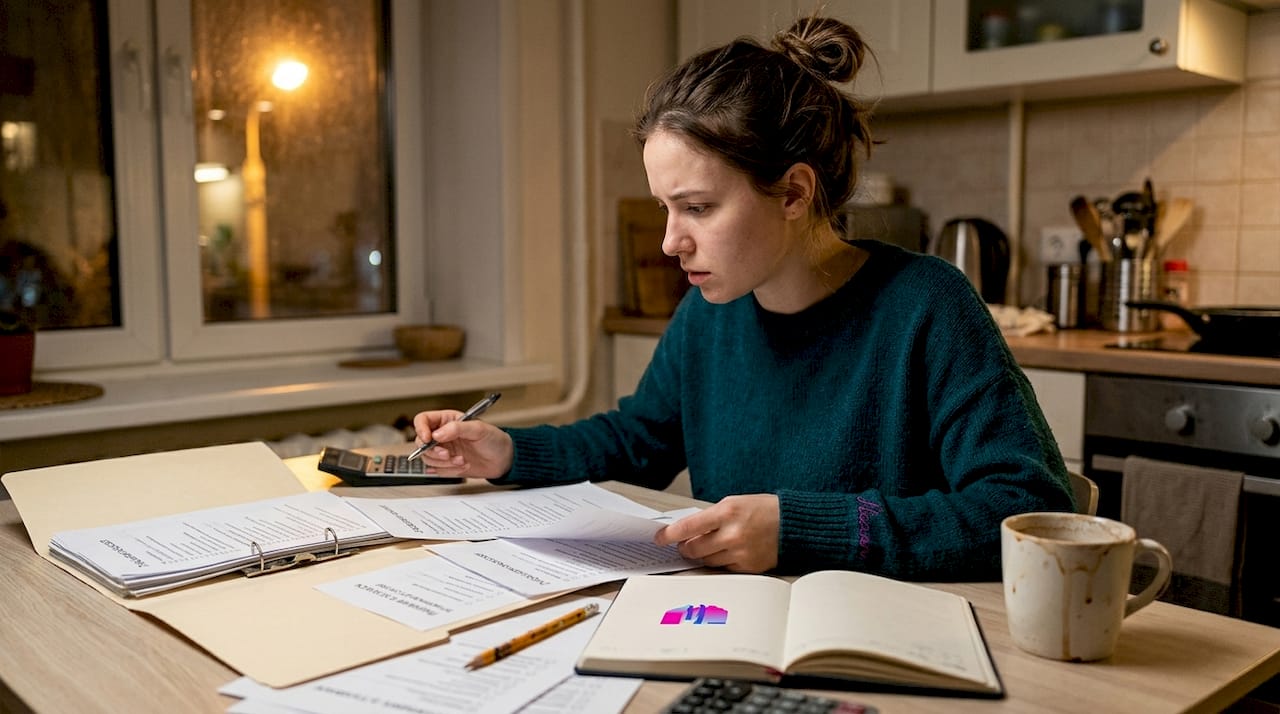 Женщина дома внимательно проверяет, все ли налоговые документы в порядке.