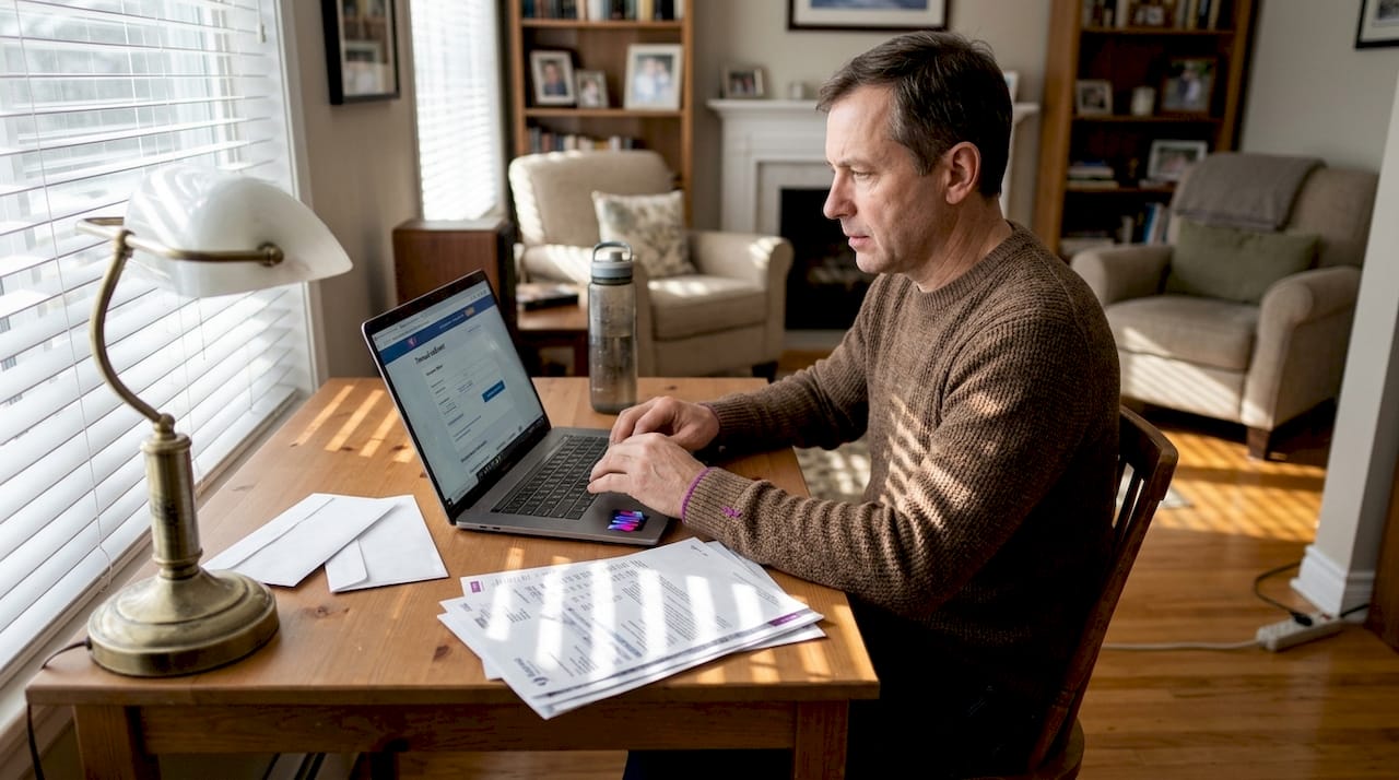 Мужчина оплачивает коммунальные услуги, сидя за рабочим столом дома.