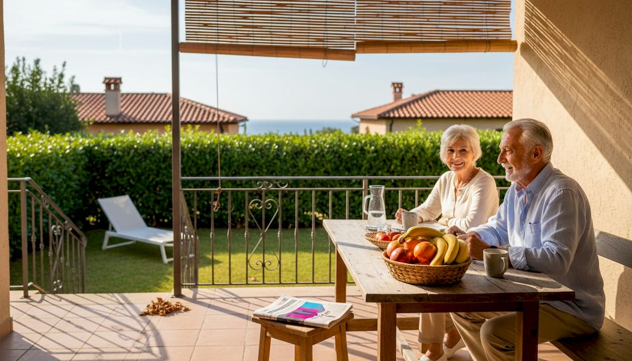 Молодая пара наслаждается завтраком на веранде виллы с видом на море.