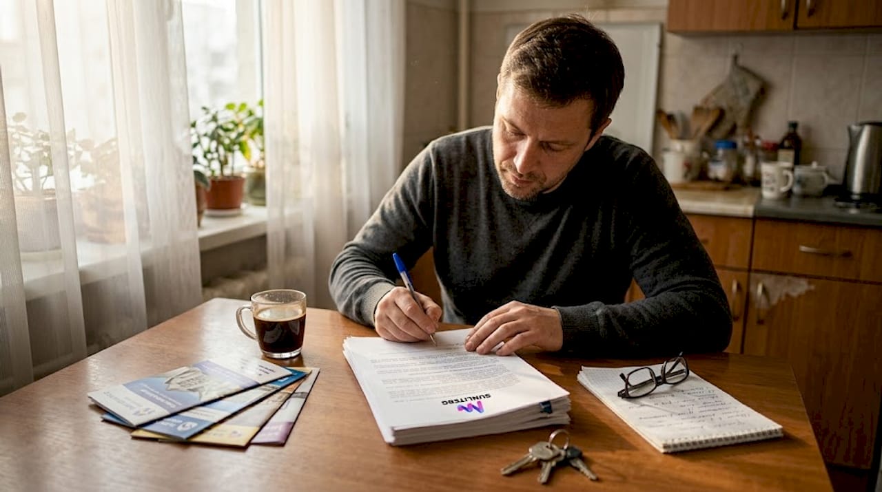 Мужчина за кухонным столом подписывает договор на покупку недвижимости.