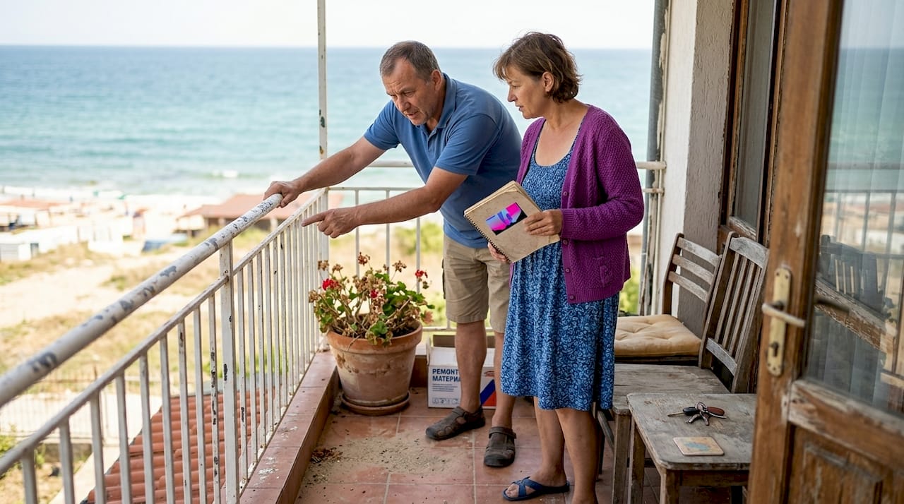 Пара наслаждается видом с террасы виллы на болгарском побережье.