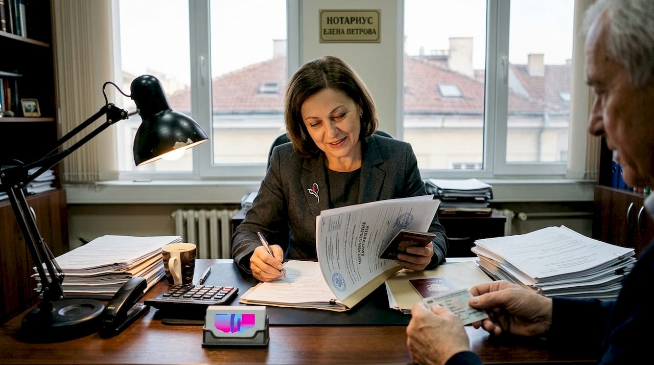 Нотариус внимательно проверяет иностранные документы за рабочим столом.