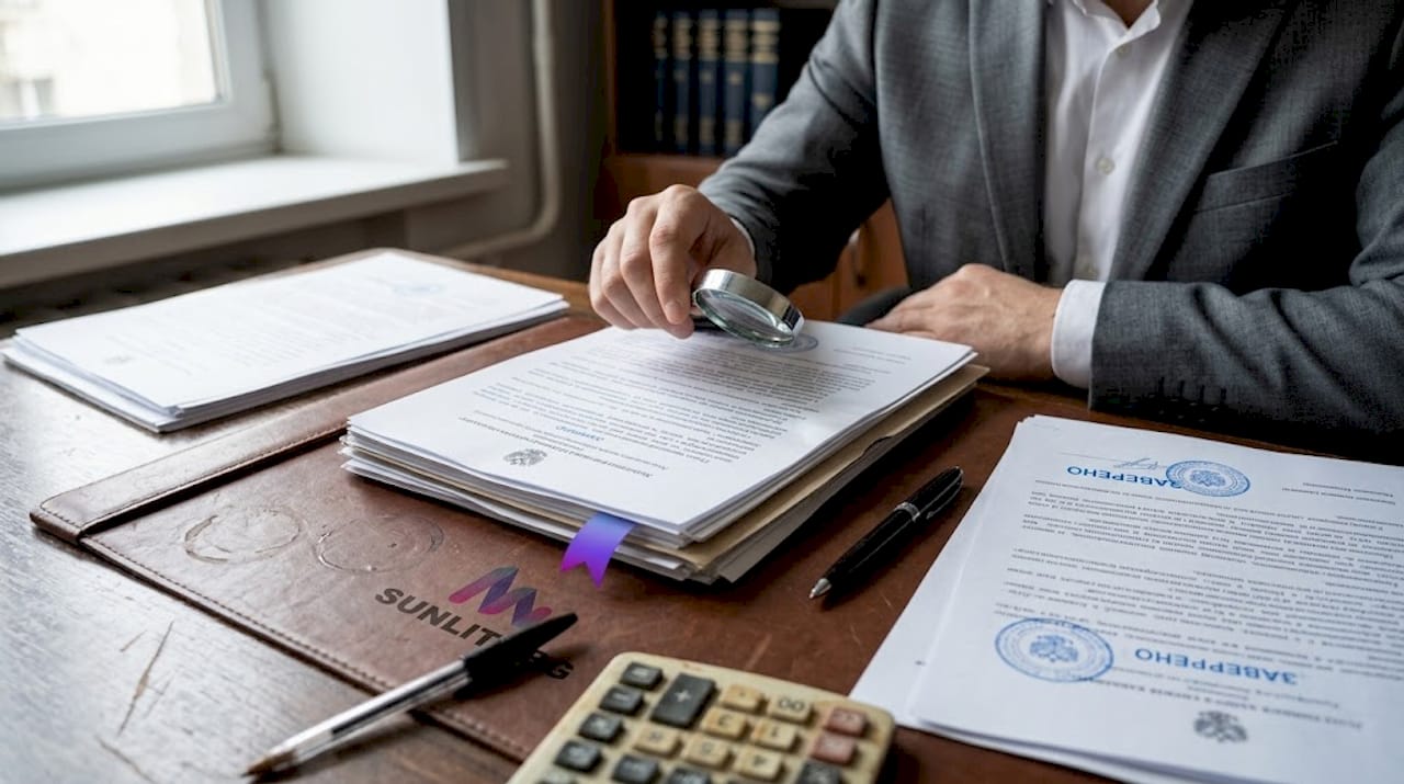 Специалист по юридическим вопросам внимательно изучает все документы, связанные с недвижимостью.