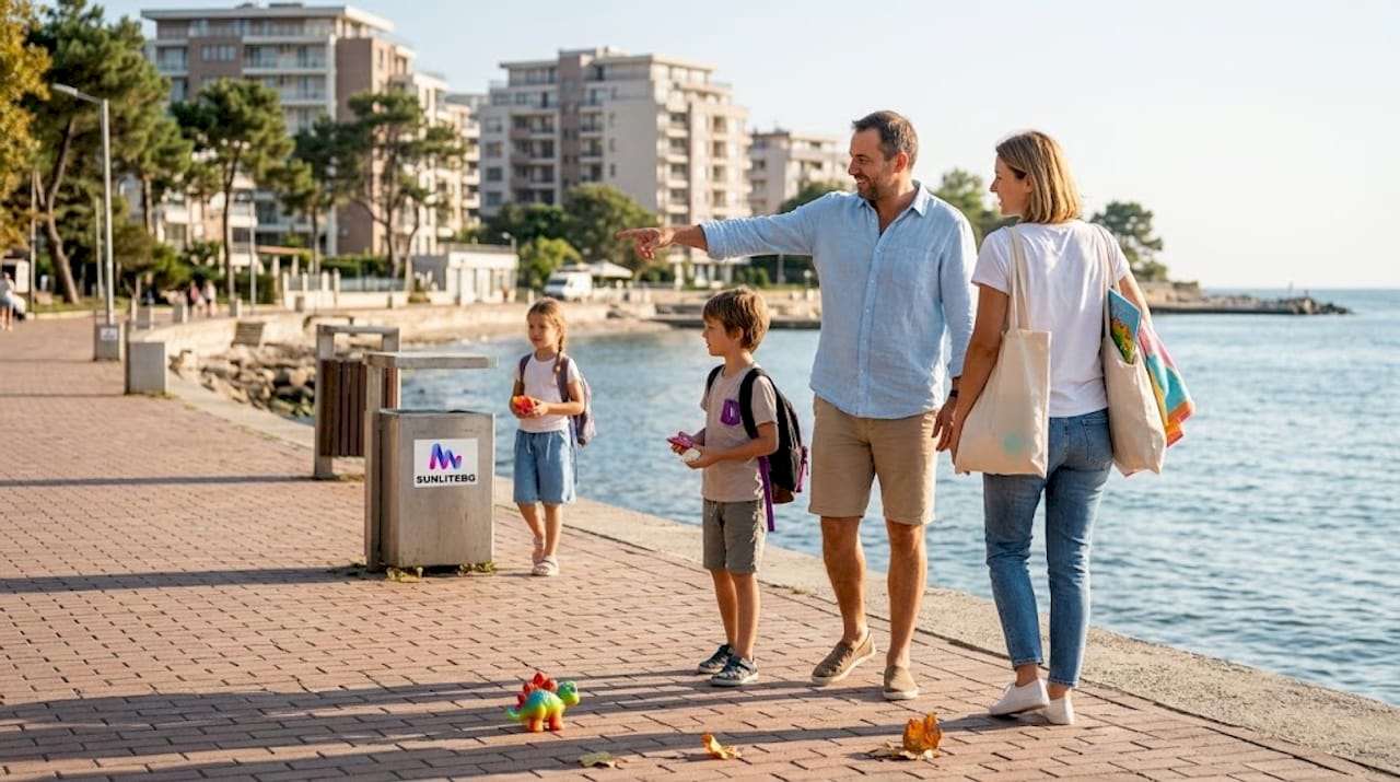 Семья гуляет по набережной у уютных апартаментов на Черном море, наслаждаясь морским воздухом и прекрасным видом.