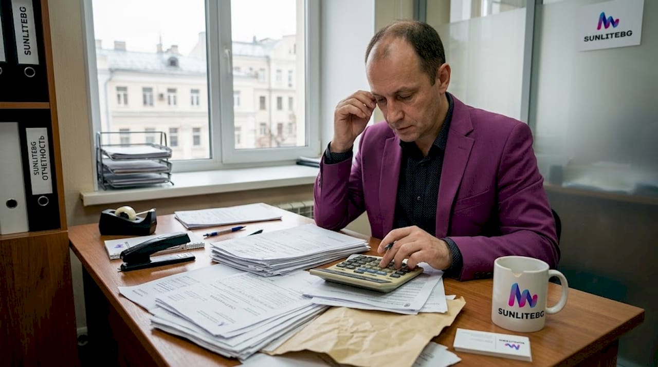 Бухгалтер проверяет документы по закупкам у себя в офисе.