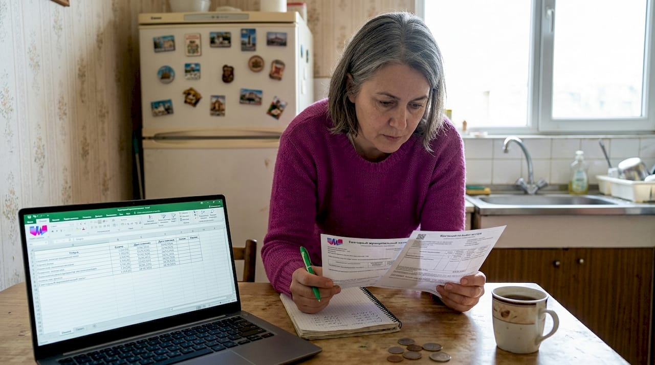 Женщина проверяет счета за коммунальные услуги, чтобы убедиться, что всё оплачено правильно.