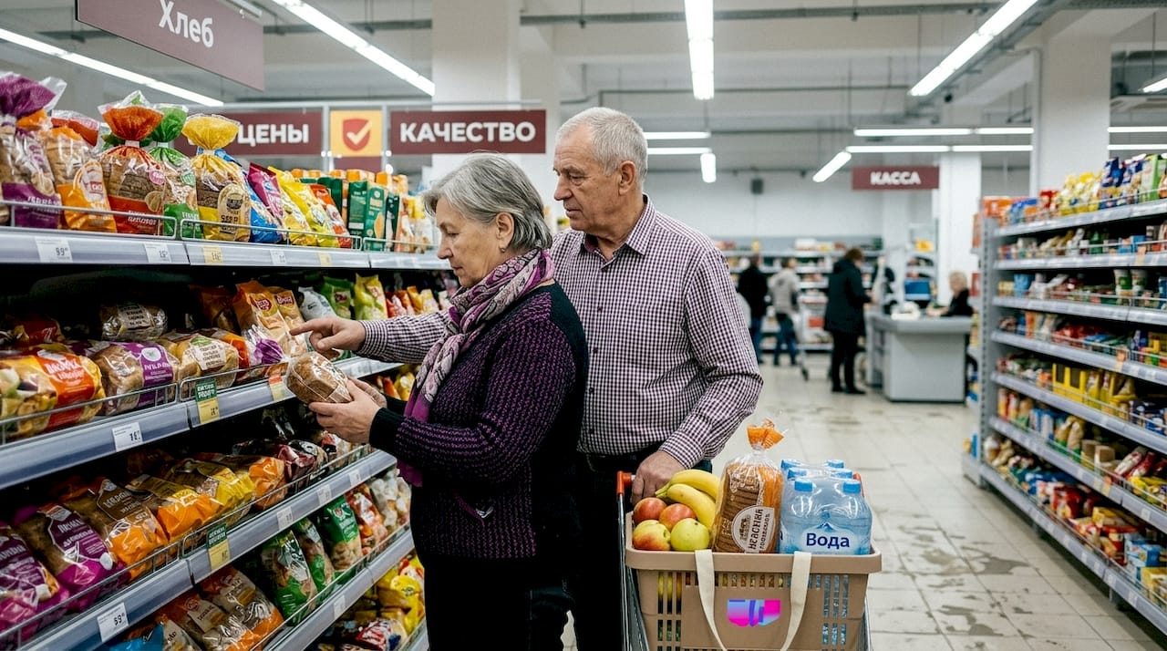 Молодая пара вместе ходит по супермаркету и выбирает продукты для дома.