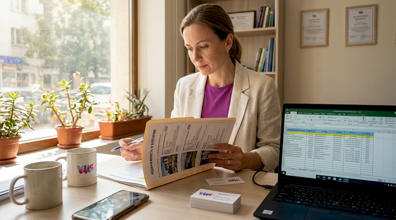 Агент внимательно изучает документы на недвижимость в Болгарии.