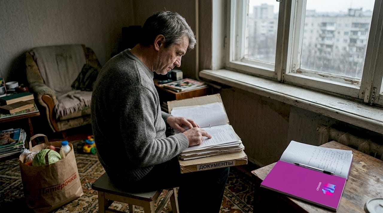 Дома мужчина внимательно просматривает документы, разбираясь в содержимом папки.