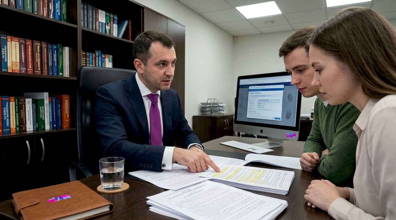 Юрист вместе с клиентами внимательно изучает документы на недвижимость.