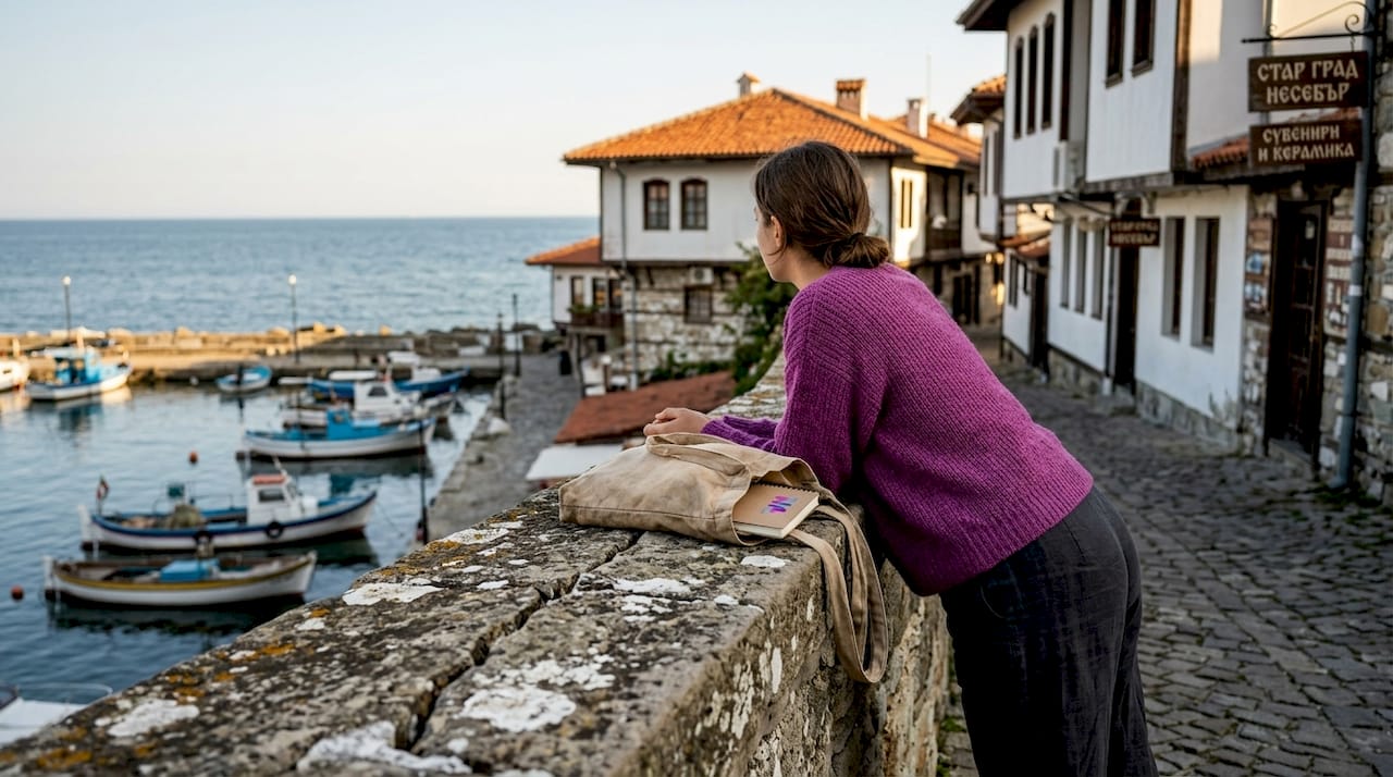 Женщина наслаждается видом на море с древних улиц Несебра.