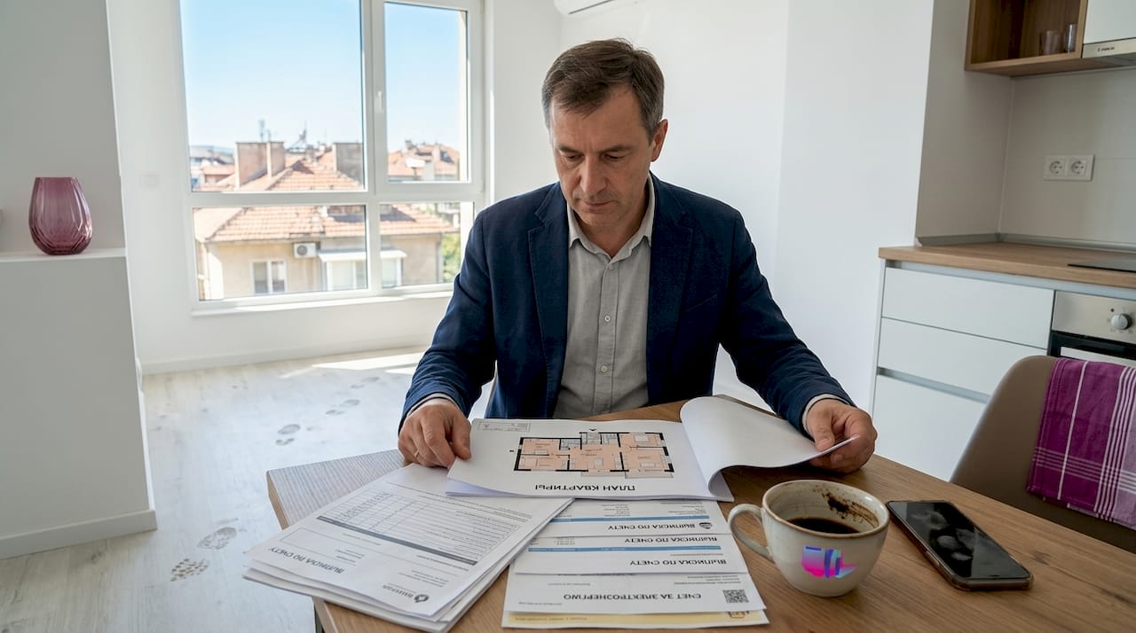 Иностранец внимательно рассматривает планировку квартиры в Болгарии.