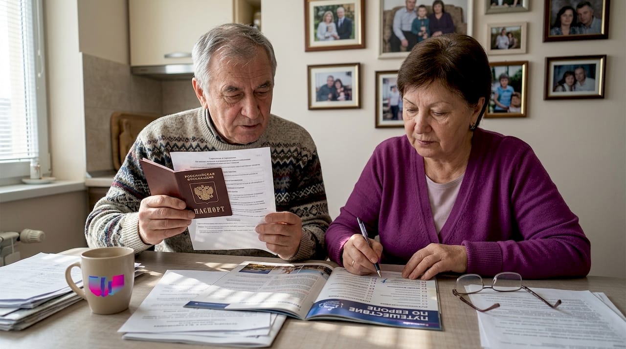 Пожилая супружеская пара собирает необходимые документы для оформления покупки.