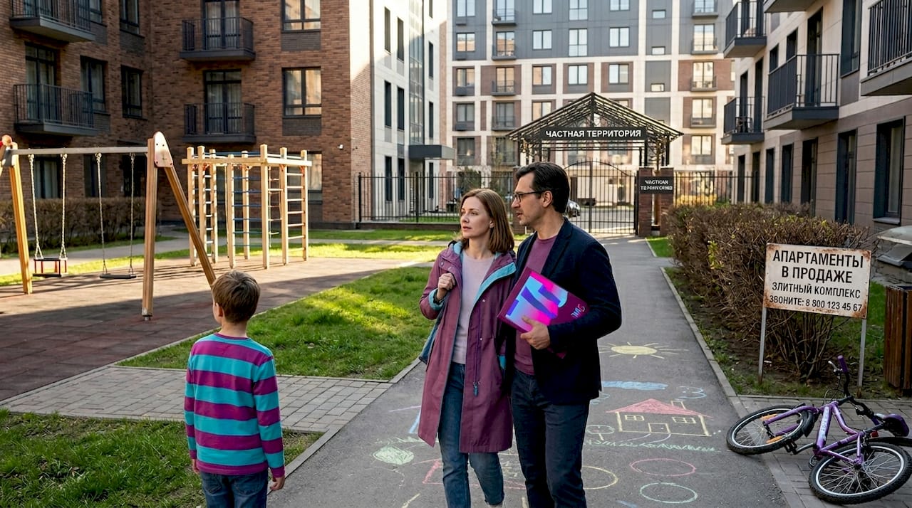 Семья осматривает двор сдаваемой в аренду квартиры