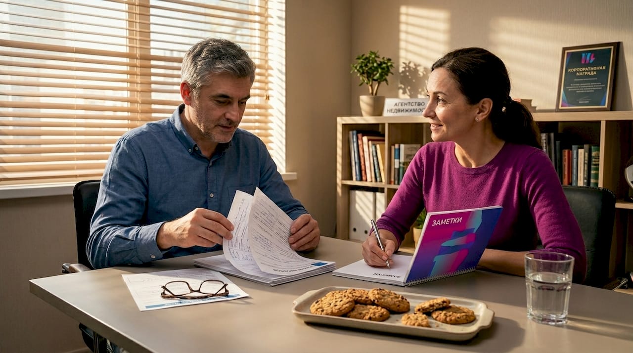 Клиенты обсуждают варианты недвижимости в агентстве