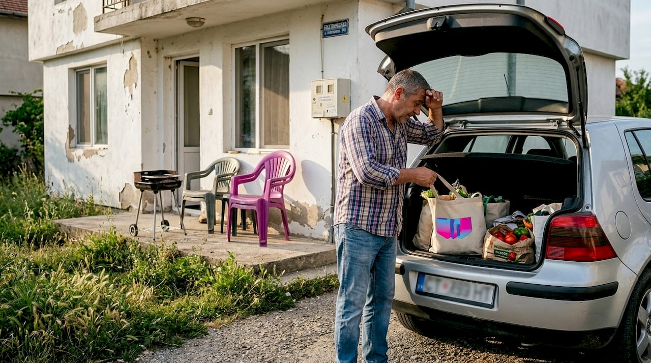 Мужчина привёз покупки и разгружает их возле арендованного дома.