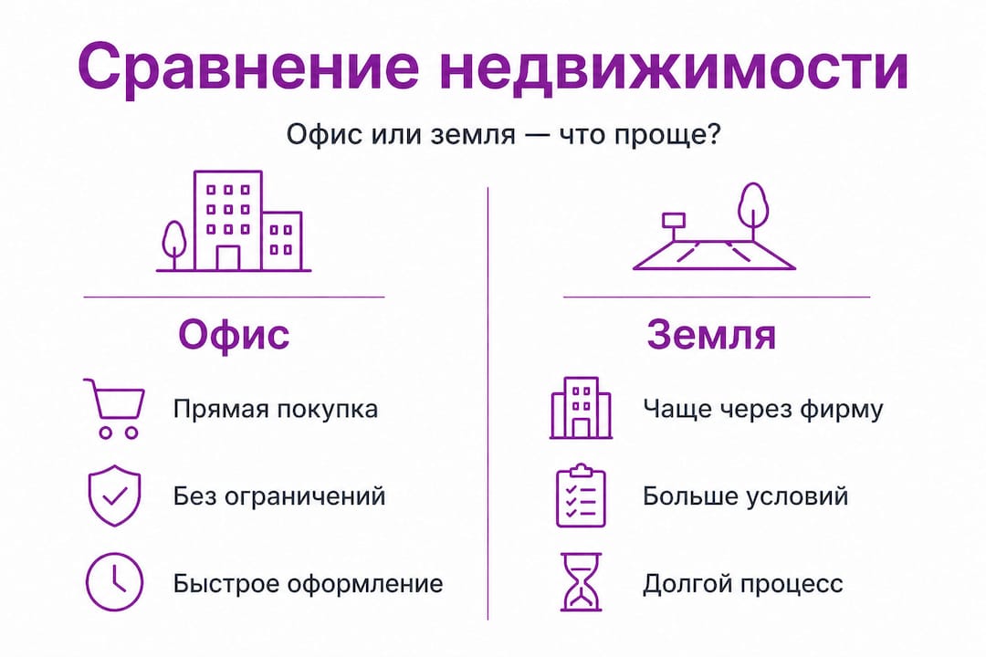 Инфографика: чем отличается покупка офиса от приобретения земельного участка