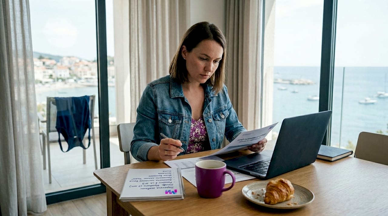 Риэлтор внимательно изучает документы на аренду квартиры у моря.