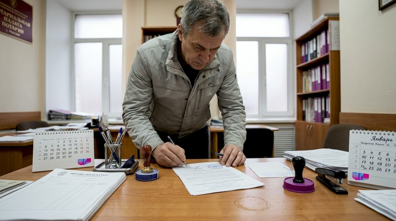 Мужчина внимательно изучает документы на право собственности.