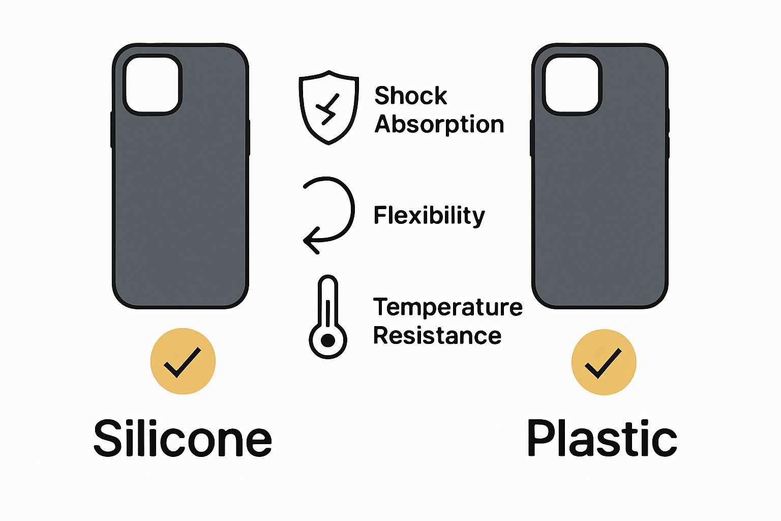 Infographic comparing silicone and plastic phone cases: shock absorption, flexibility, and temperature resistance.