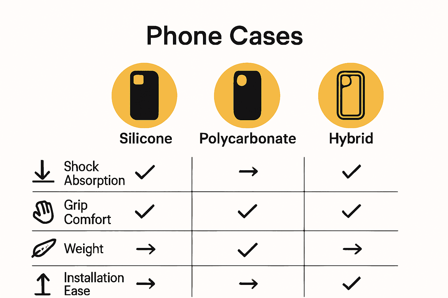 Comparison chart visually highlighting silicone versus polycarbonate and hybrid phone cases’ features and advantages.