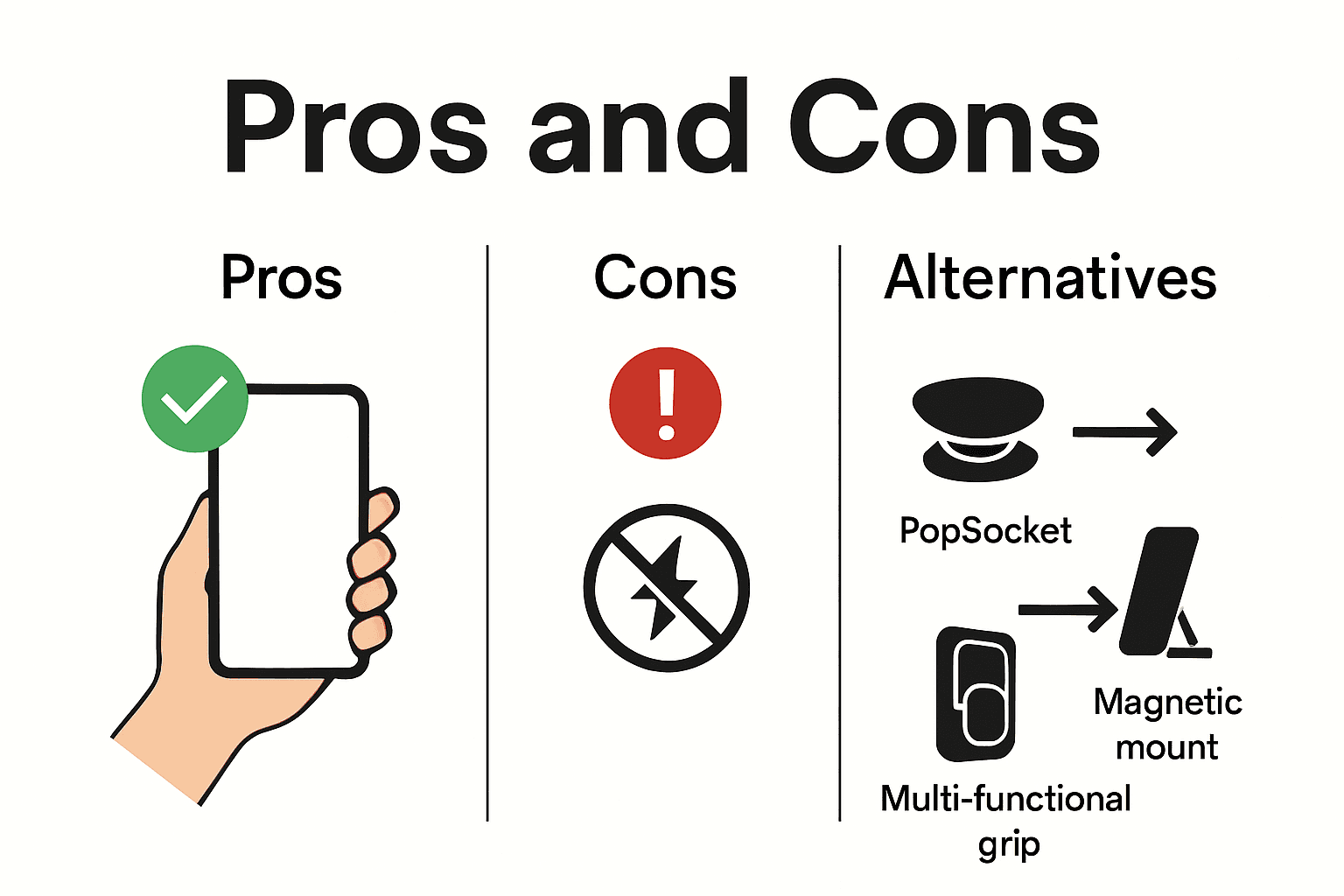 Comparison of phone ring holder pros, cons, and alternatives with icons.