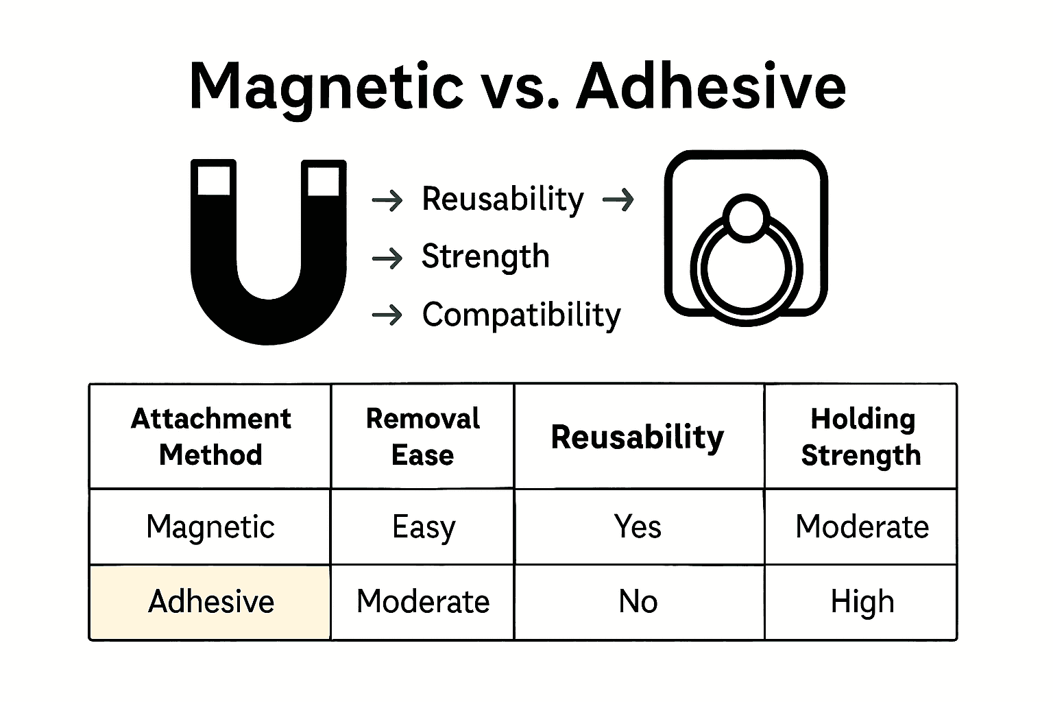 Infographic comparing magnetic and adhesive phone ring holders side by side