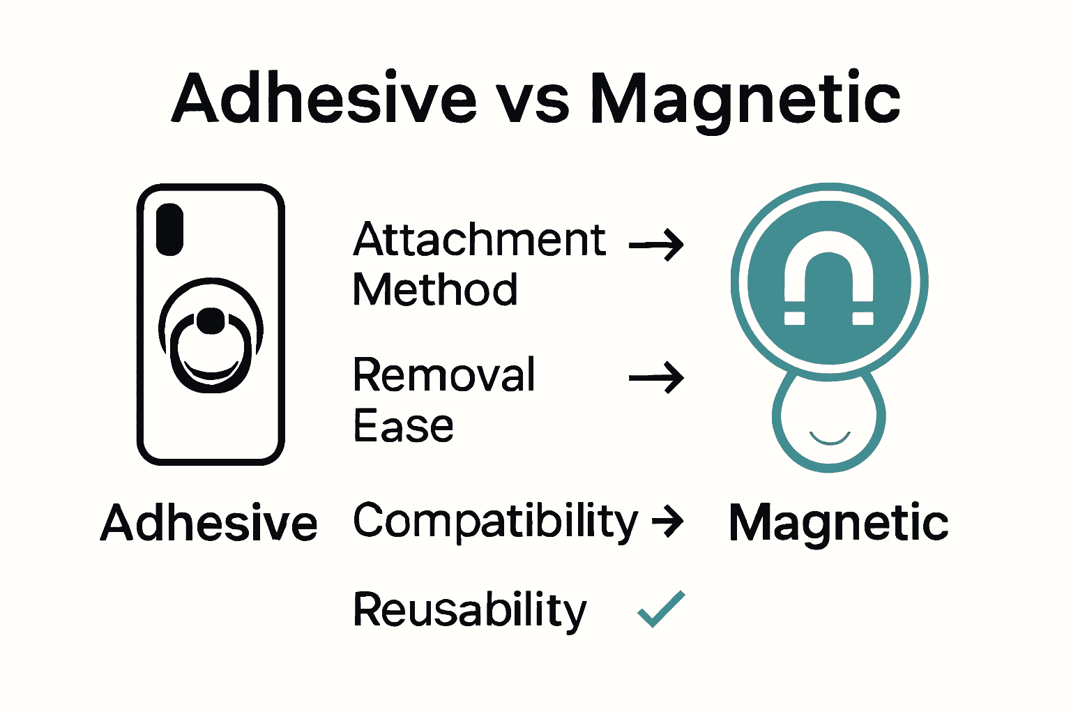 Infographic comparing adhesive and magnetic phone ring holders.