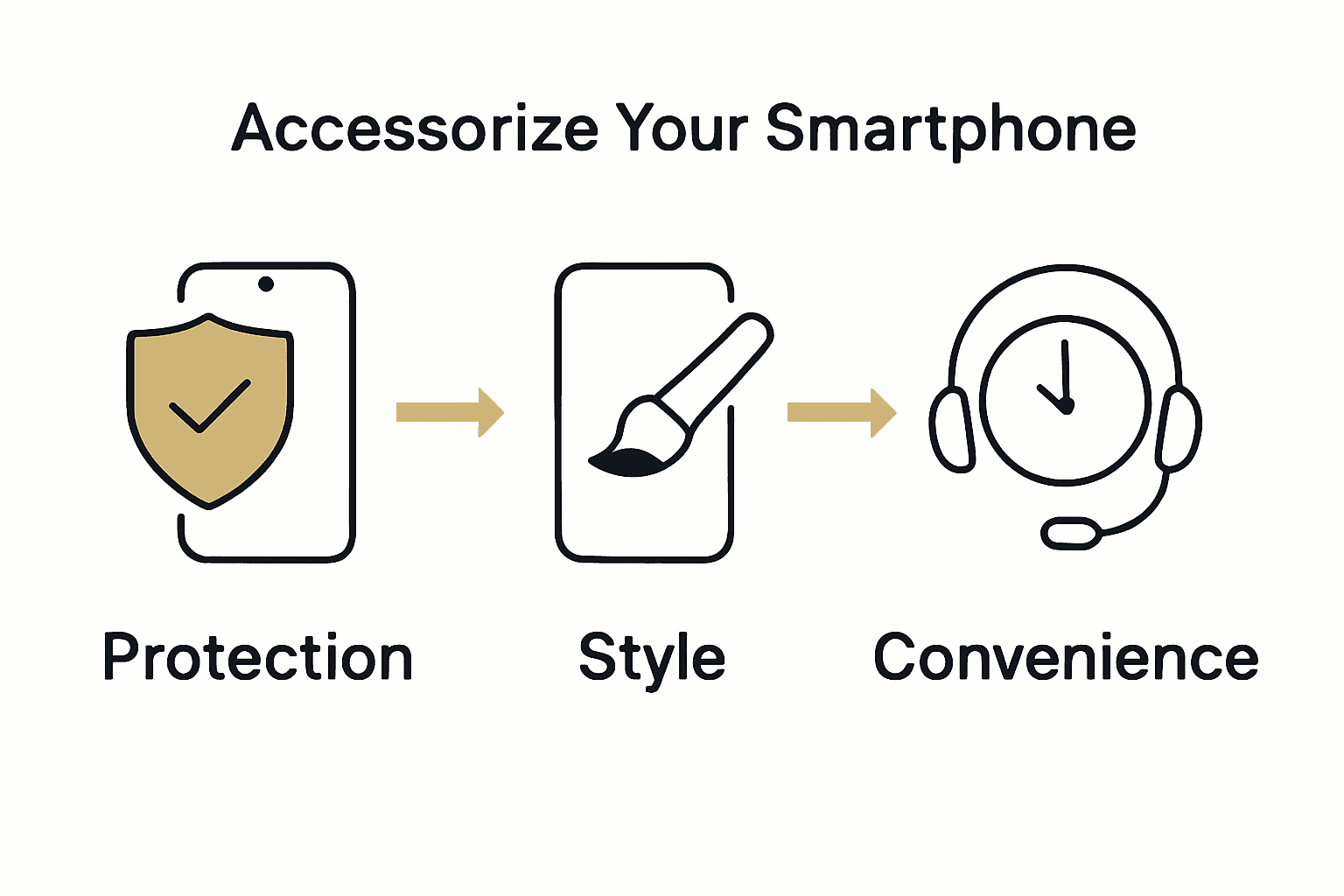 Three-column infographic comparing protection, style, and convenience benefits of mobile phone accessories.