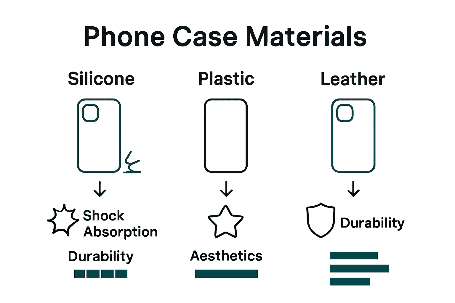 Infographic comparing silicone, plastic, and leather phone cases for shock absorption, aesthetics, and durability.