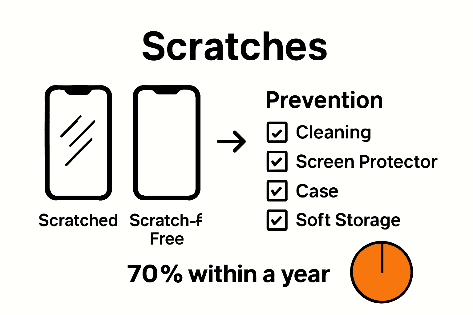 Infographic showing scratch prevention steps and statistics.