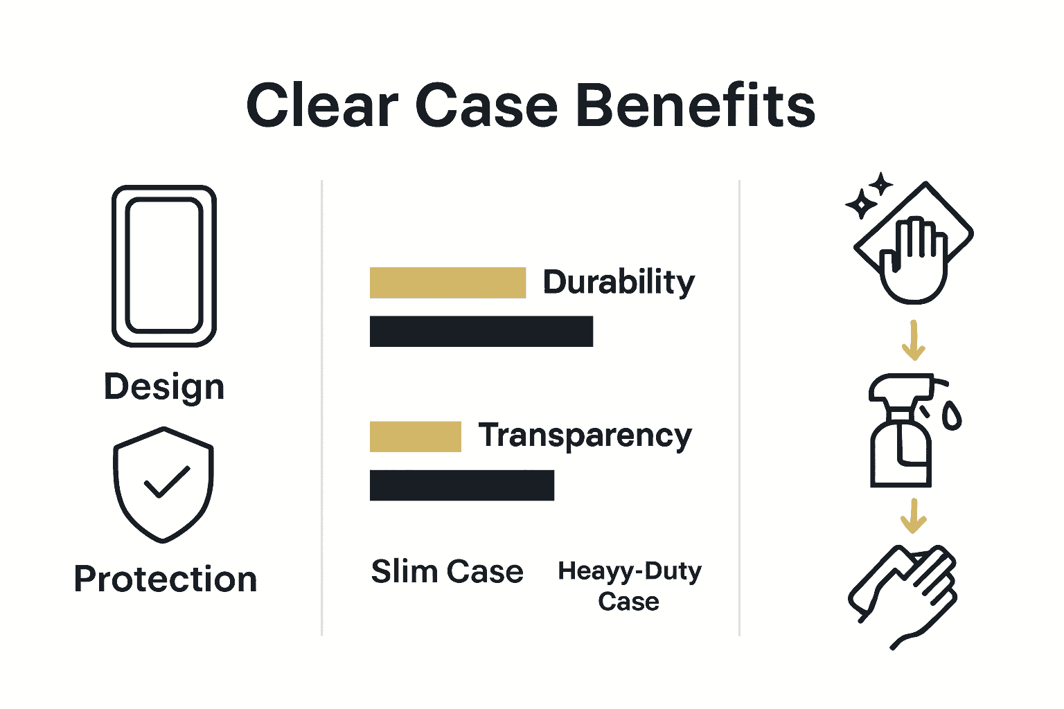 Infographic comparing clear case benefits, types, and cleaning tips.