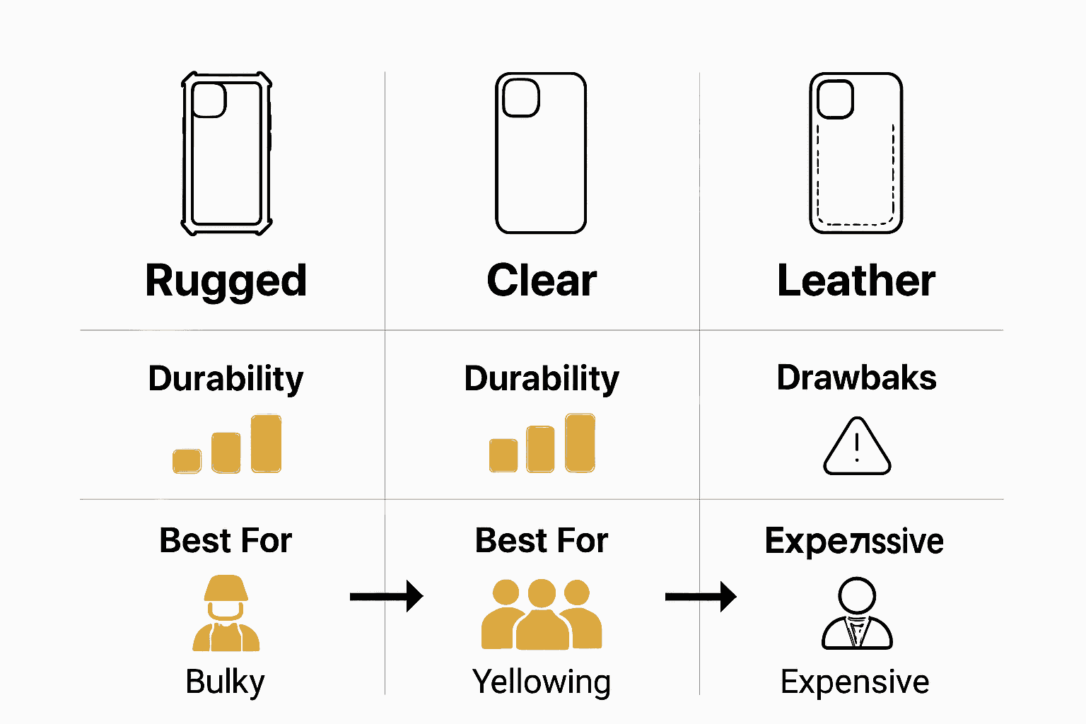Infographic comparing rugged, clear, and leather mobile cases by durability and user type