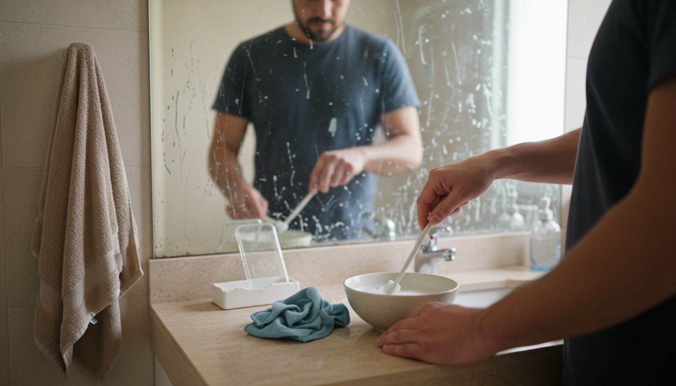 Man cleaning phone case on bathroom counter