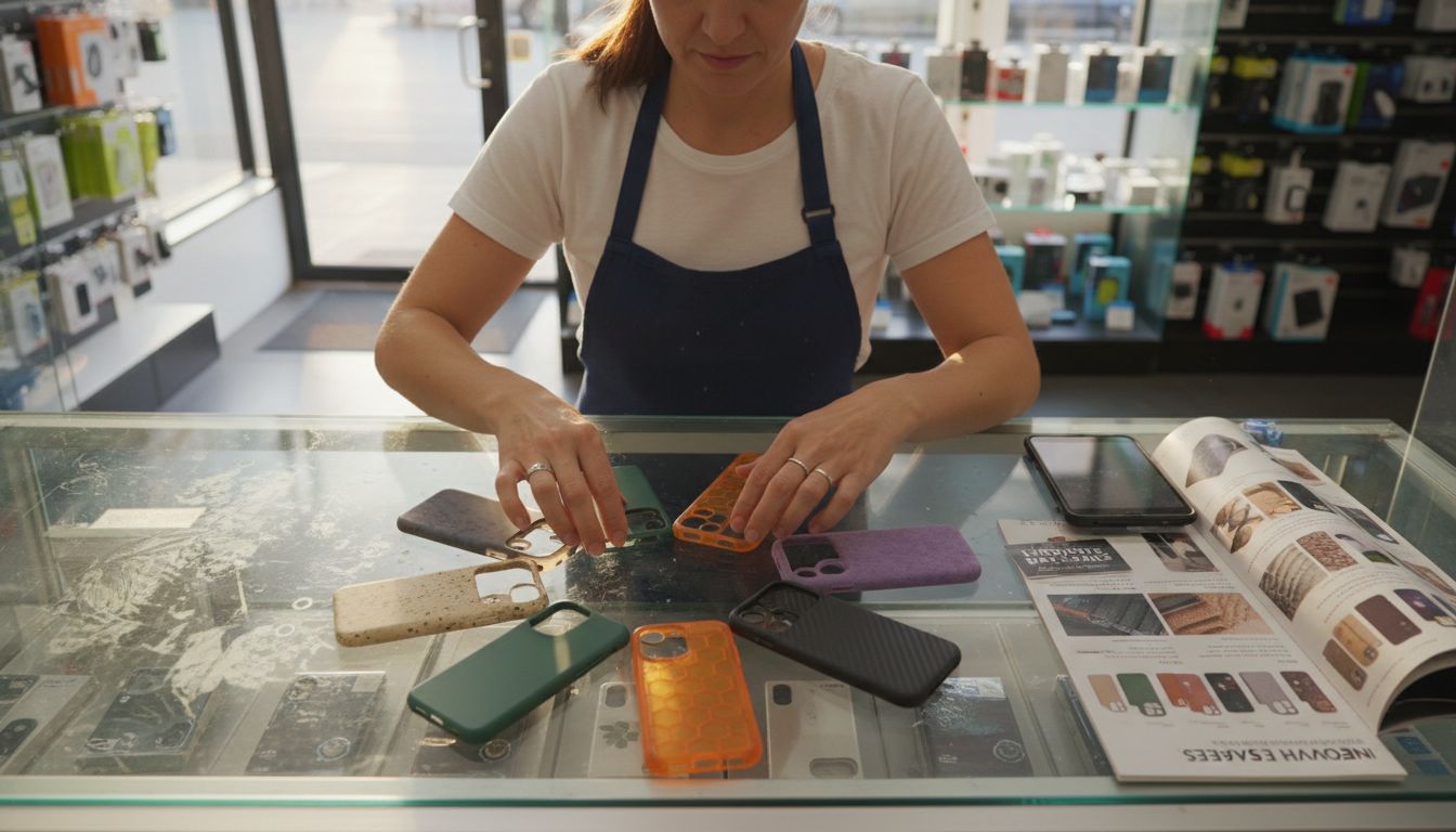Different textured phone case materials on display