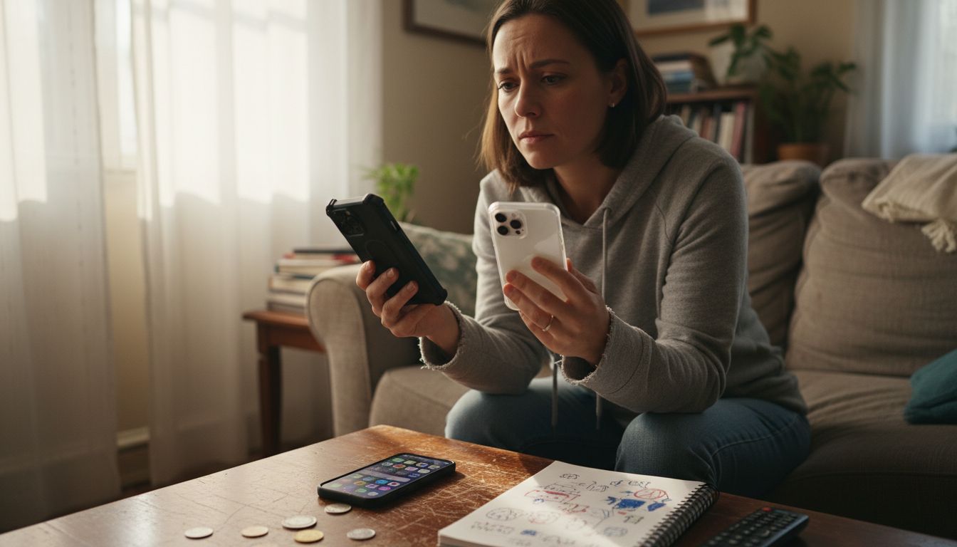 Woman comparing protective phone cases at home