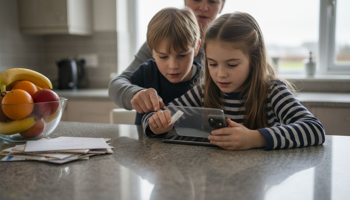 Children applying phone screen protector