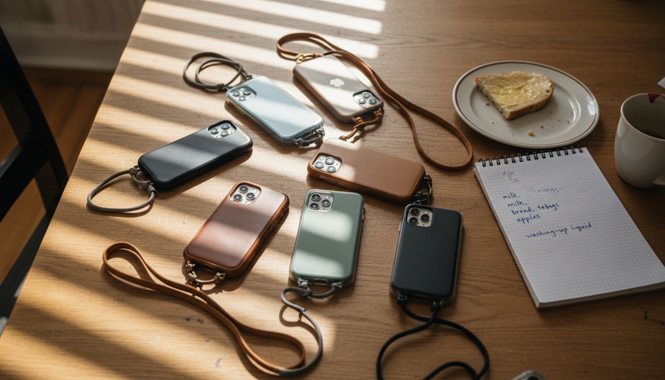 Different lanyard phone cases on family table