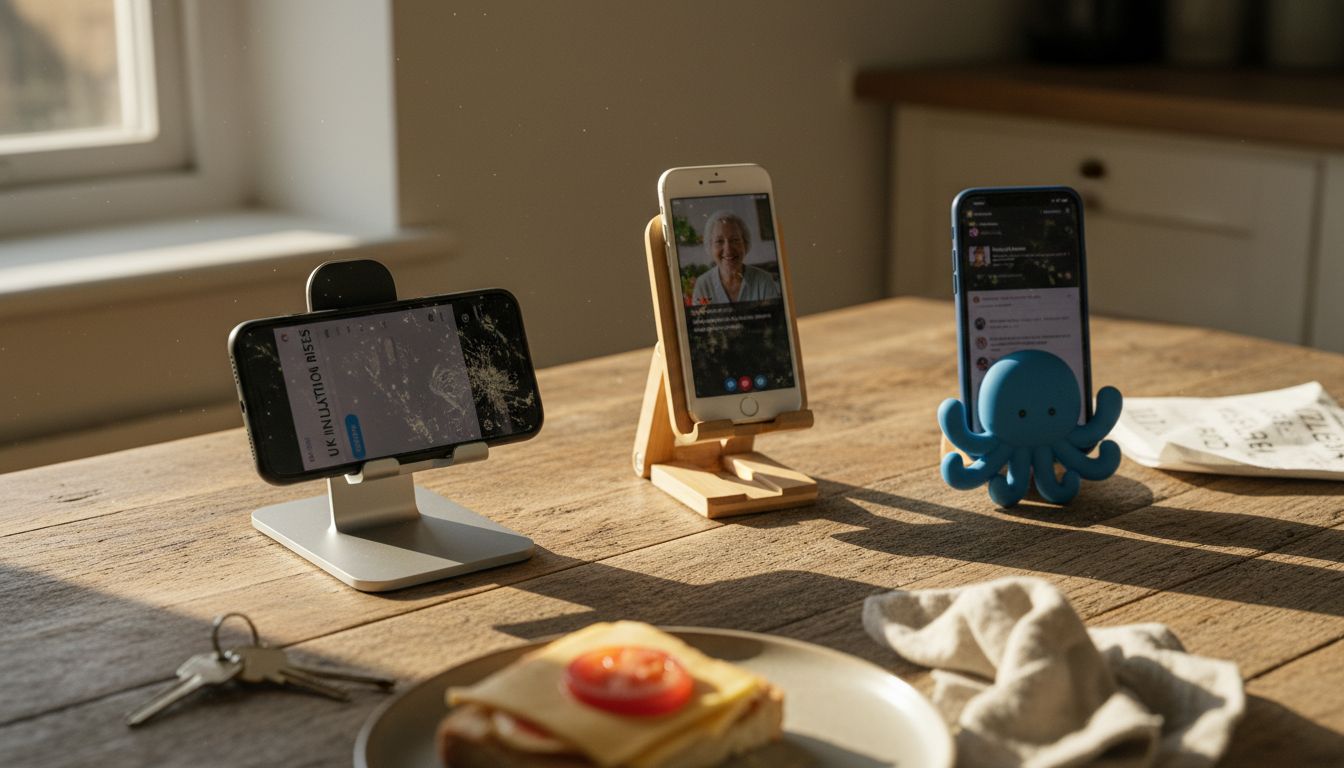 Different phone stands on cluttered table