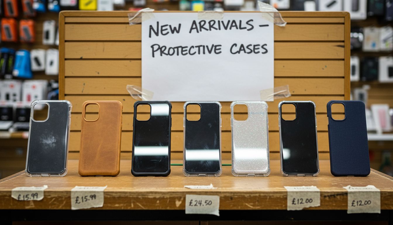 Phone cases in varied materials on shop table