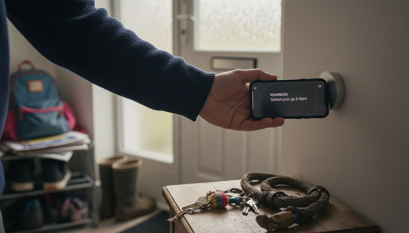 Hand attaching phone in magnetic case to wall mount