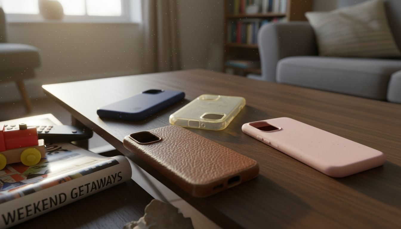 Various phone case types shown on table