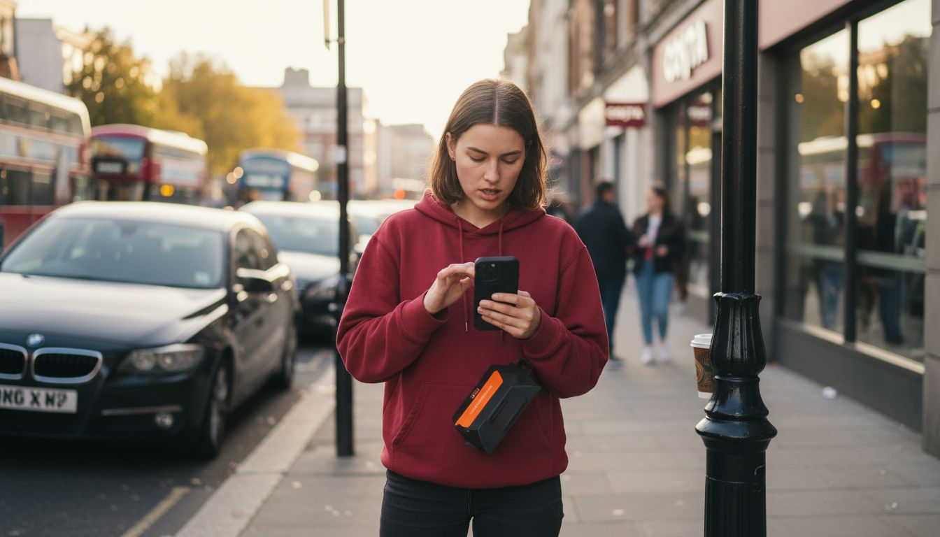 Woman fits phone case on city sidewalk