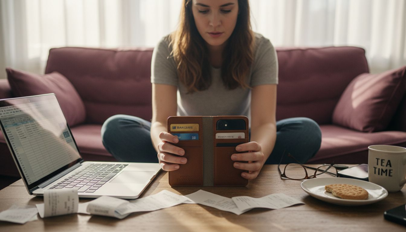 Woman examining open folio phone case