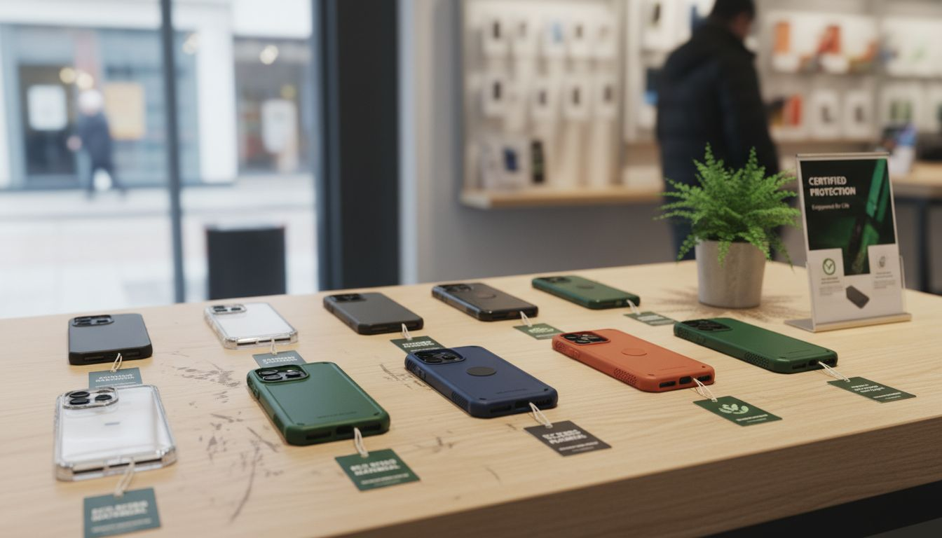 Display of different certified phone case types