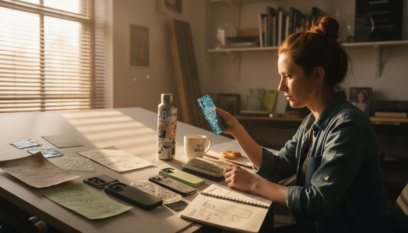 Designer reviewing eco-friendly phone case materials