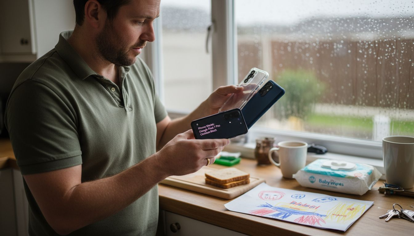 Parent selecting phone case amid busy kitchen